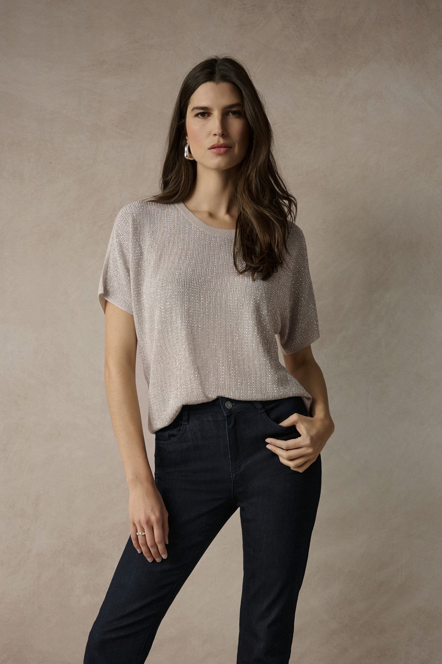 Metallic Knitted T-Shirt with Rhinestones