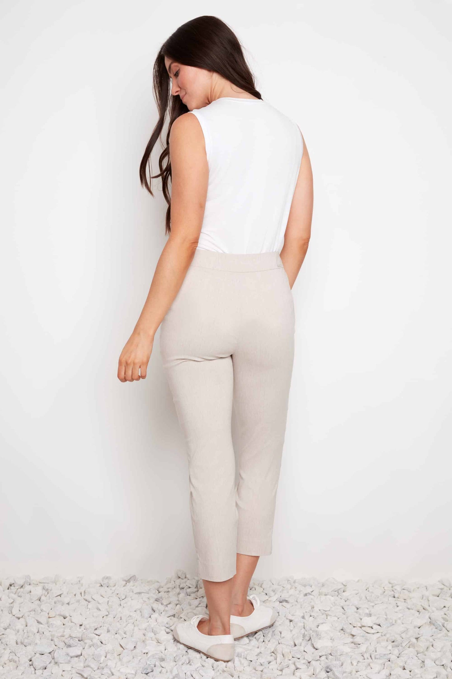 Linen Effect Techno Cropped Front Cuff Pant - Linen