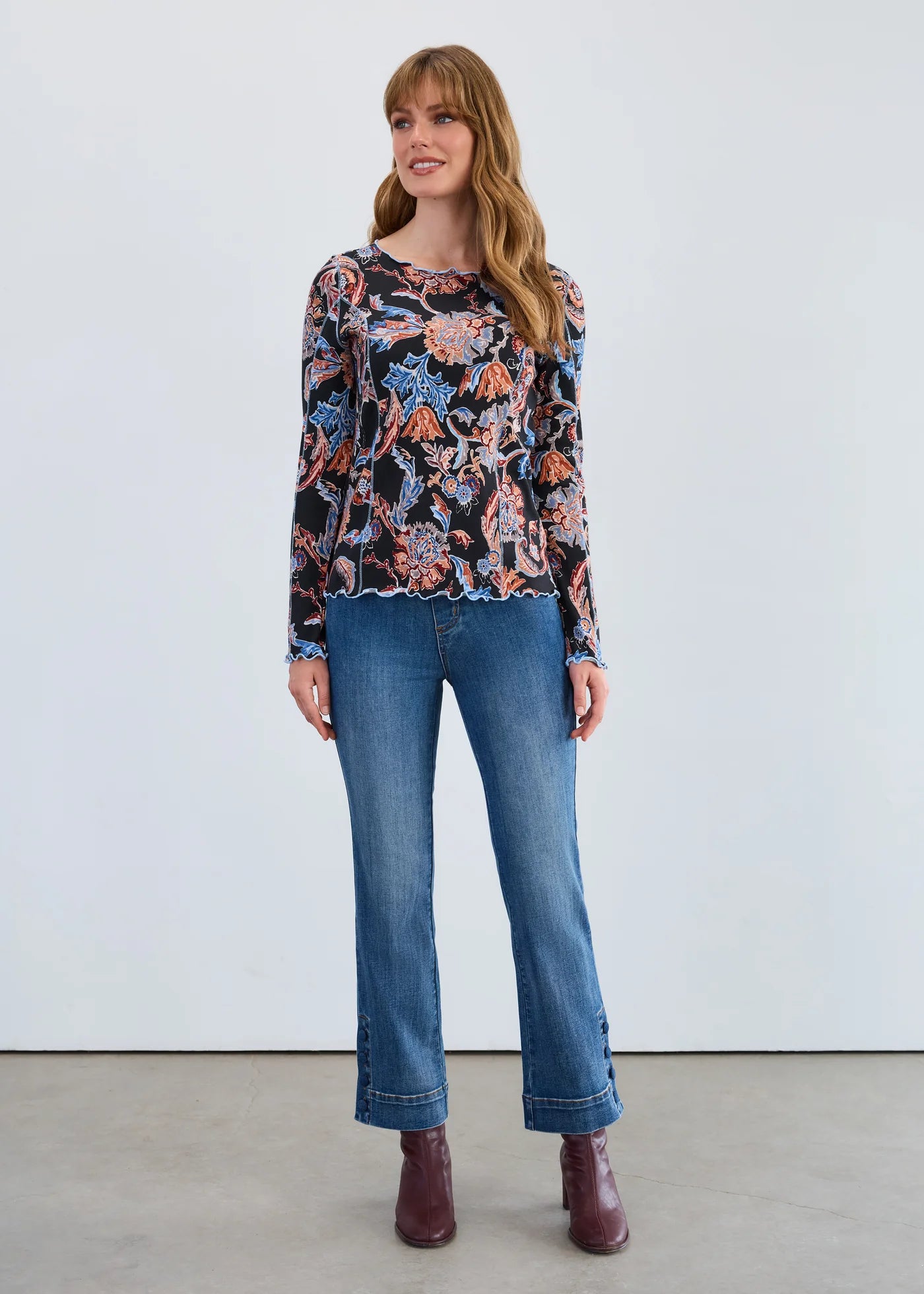 Damask Long Sleeve Boat Neck Top