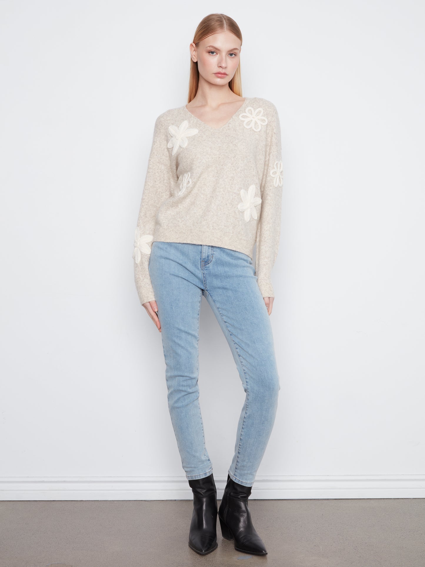 Flower Applique Drop Shoulder V-Neck Sweater