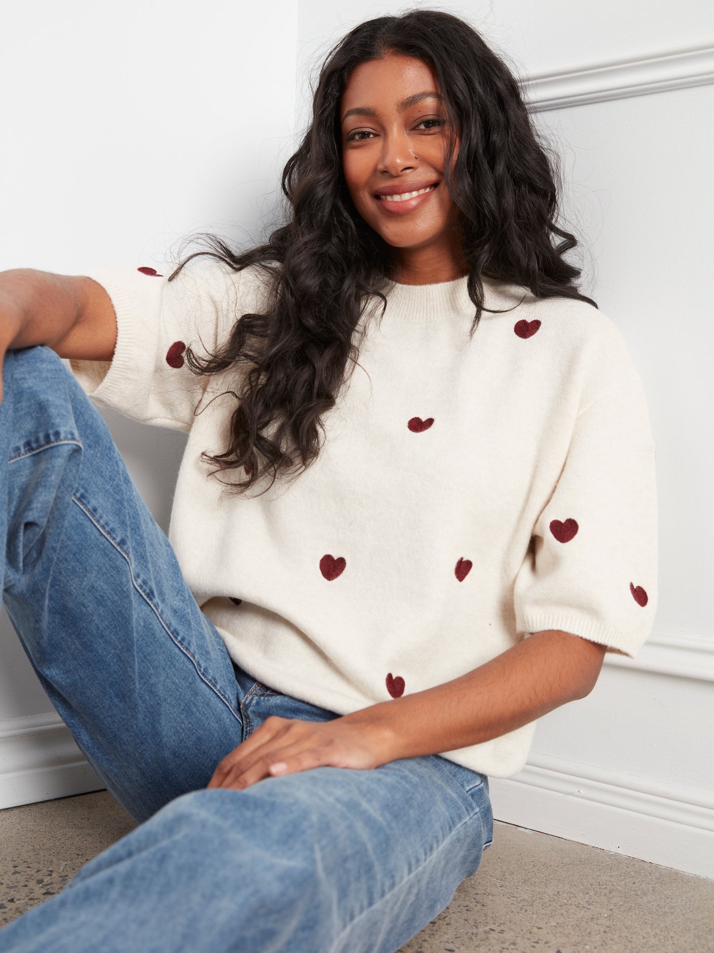All Over Embroidery Hearts Elbow Sleeve Sweater