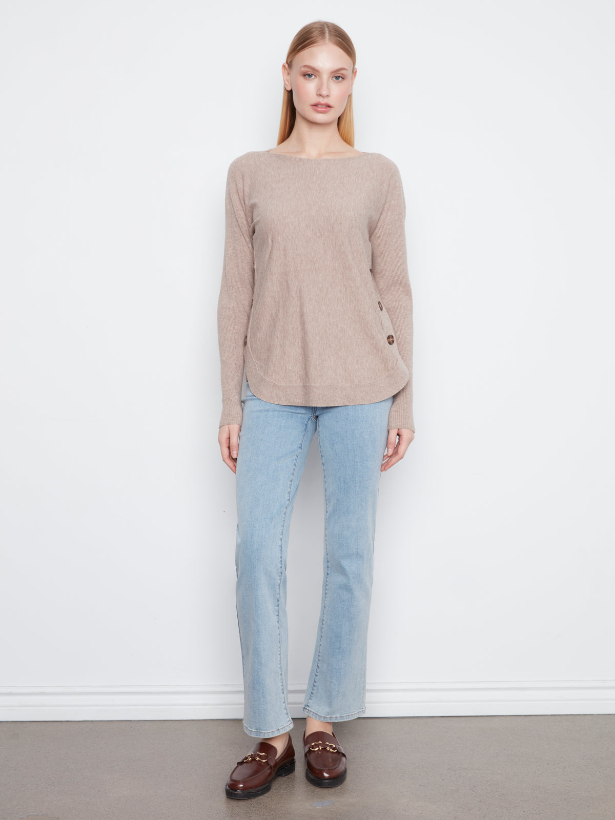 Boat Neck Sweater with Side Buttons - Heather Taupe