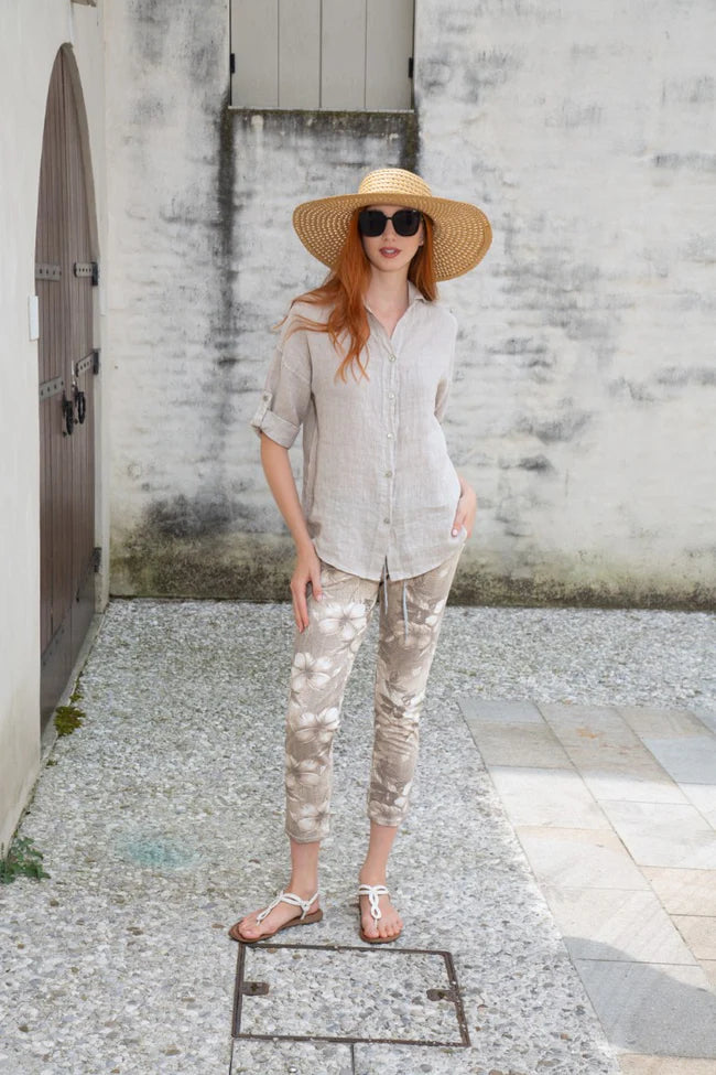 Linen Button-Front Shirt with Roll-Tab Sleeves - Beige