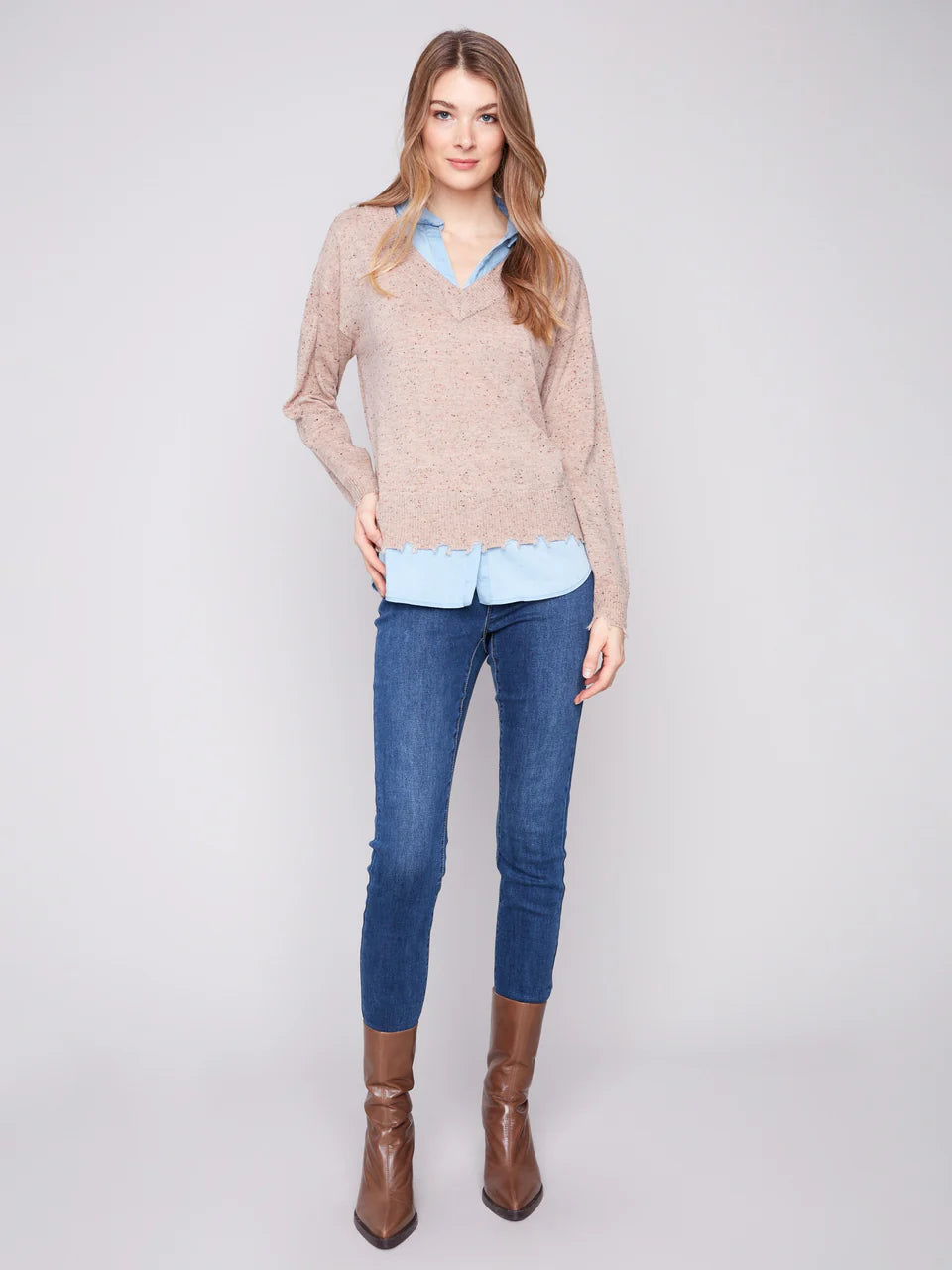 V-Neck Fooler Nep Yarn Sweater w/Tencel Combo
