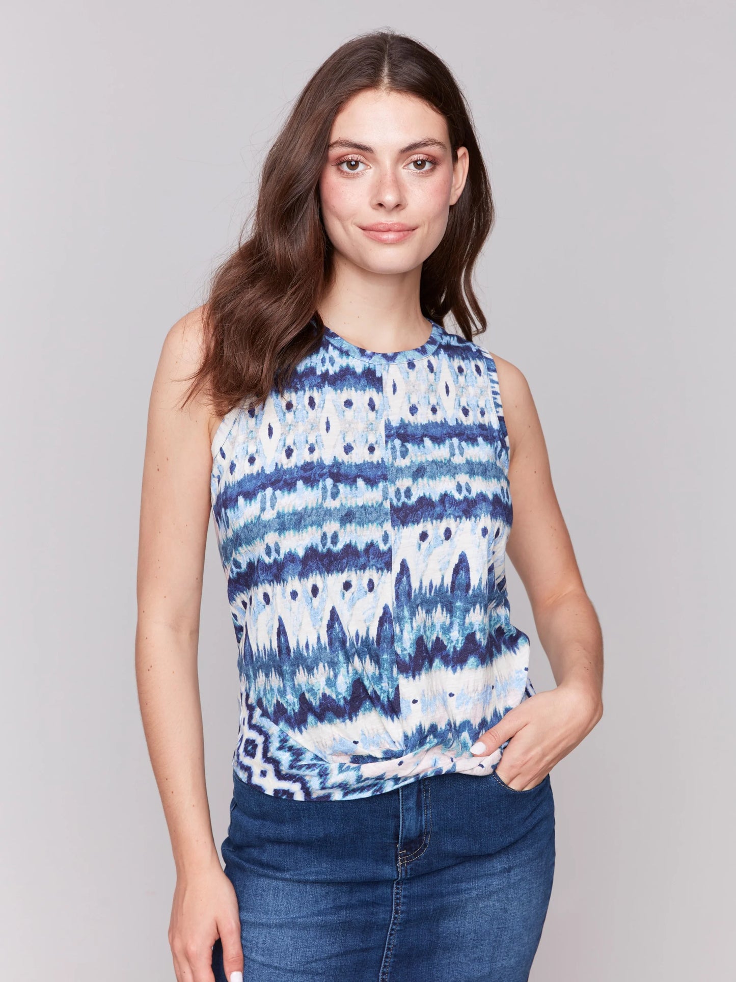 Printed Cotton Slub Tank Top with Knot Detail