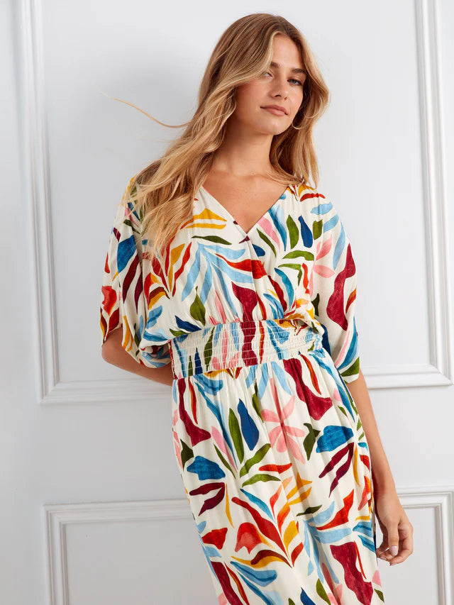Printed Dolman Short Sleeve Maxi Fake Wrap Dress