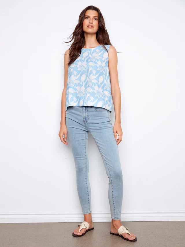 Printed Linen Blend Blouse With Back Button Detail - Veranda