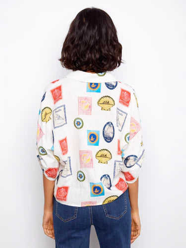 Printed Linen Blend Front-Tie Blouse - Postcard