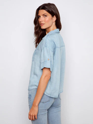 Short Sleeve Button-Front Tencel Shirt - Light Blue