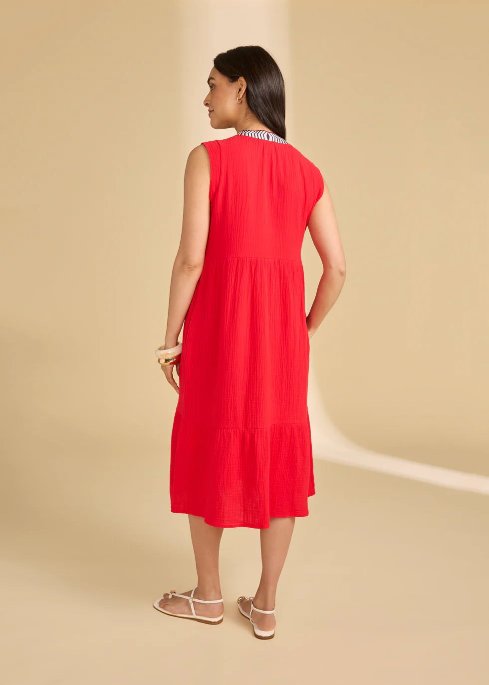 Sleeveless Tiered Midi Dress, Lava Red
