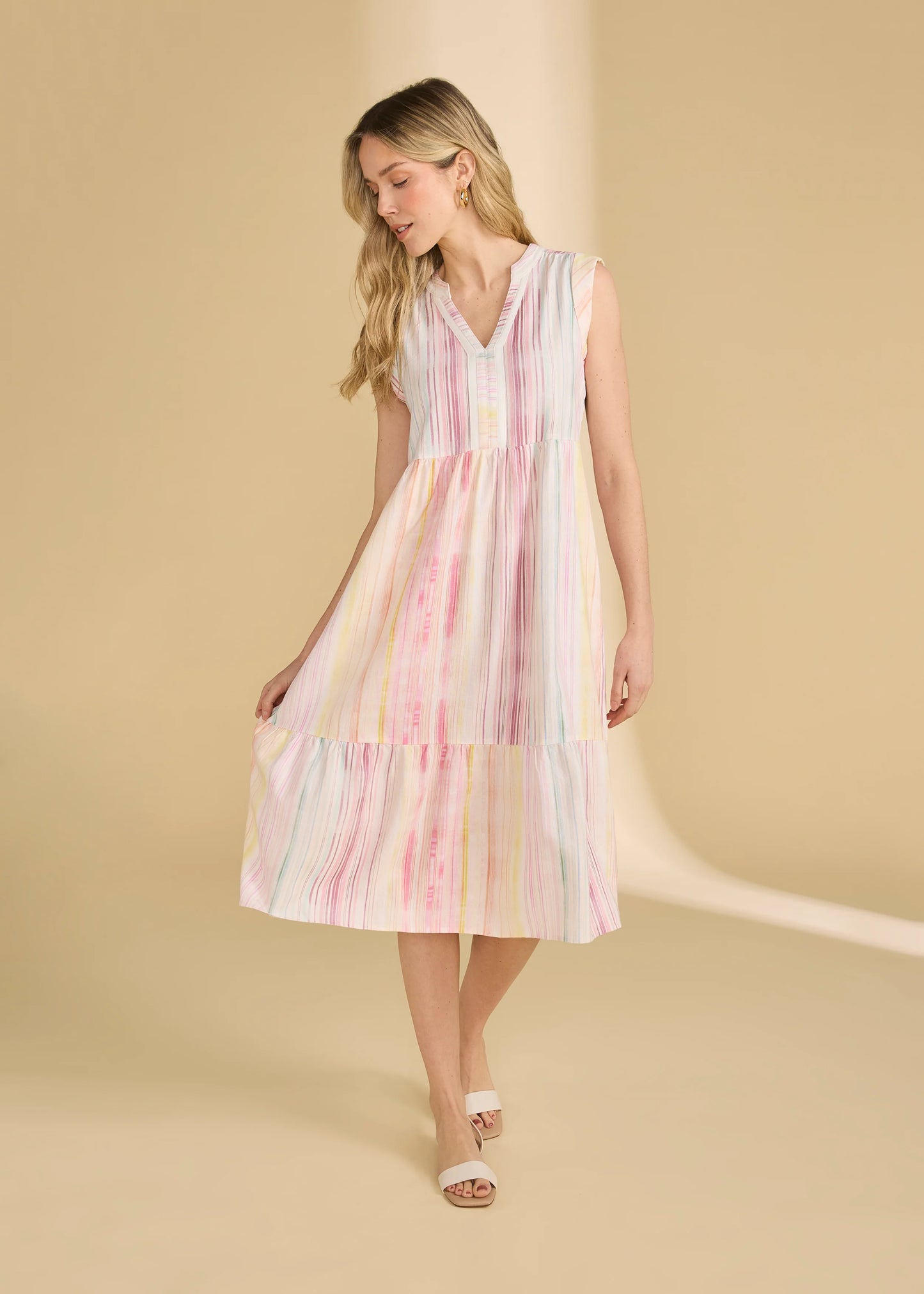 Cap Sleeve Tiered Midi Dress, Spritz Stripes