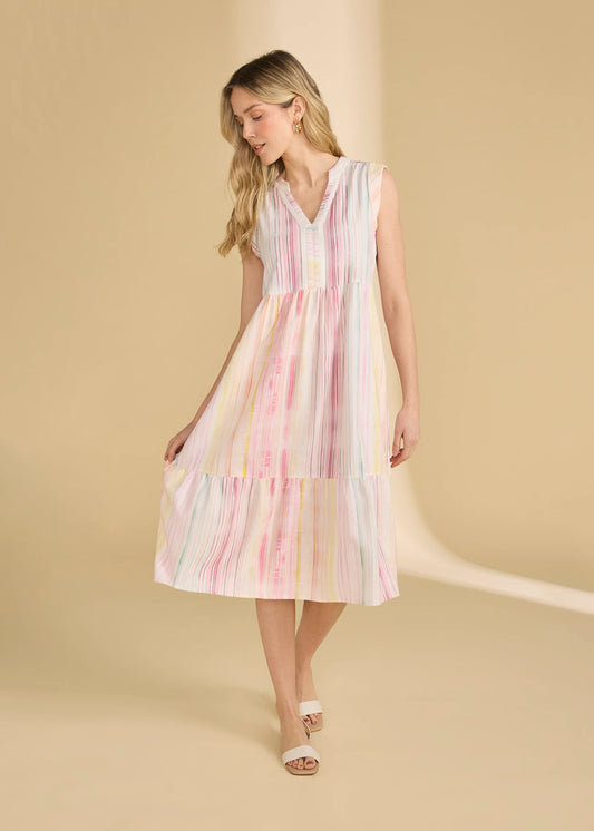 Cap Sleeve Tiered Midi Dress, Spritz Stripes