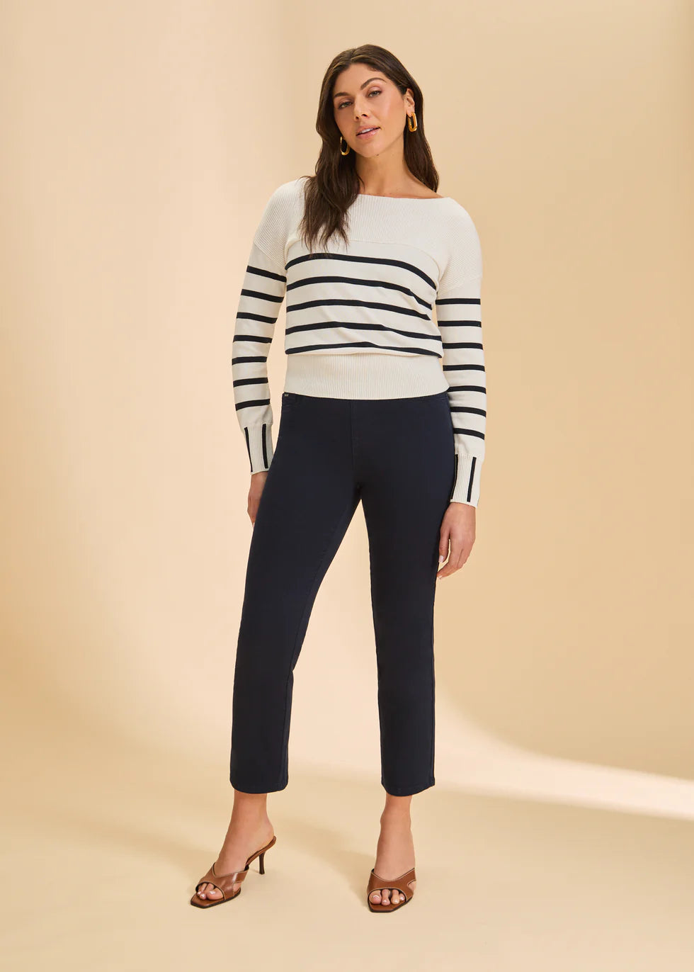 Long Sleeve Stripe Sweater, White/Navy