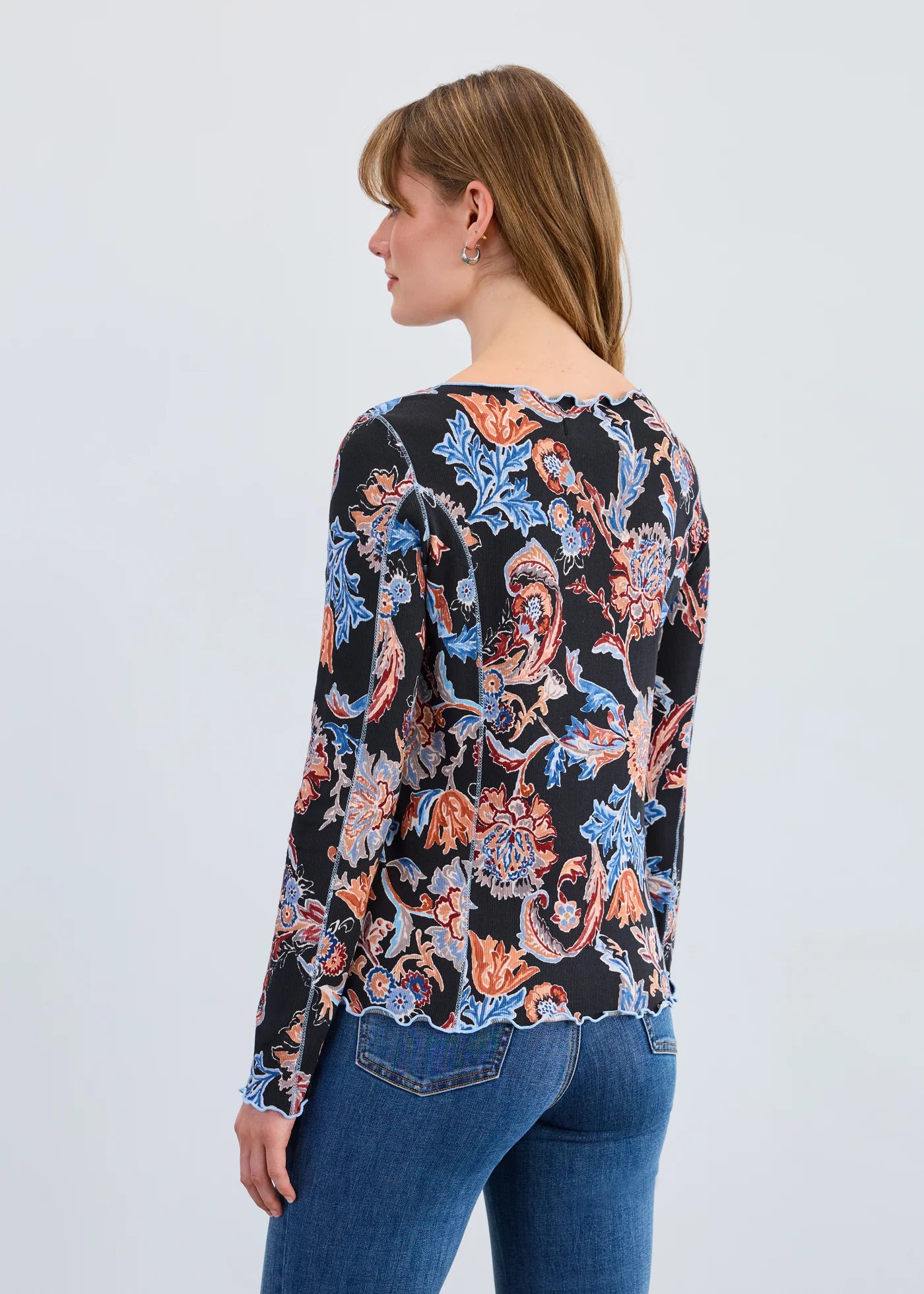 Damask Long Sleeve Boat Neck Top