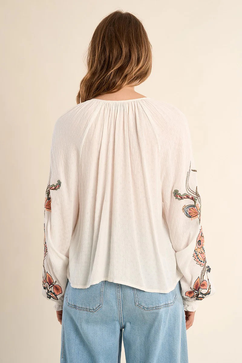 Floral Embroidery Tie Collar Blouse