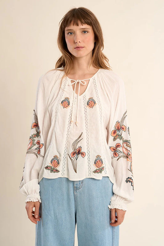 Floral Embroidery Tie Collar Blouse
