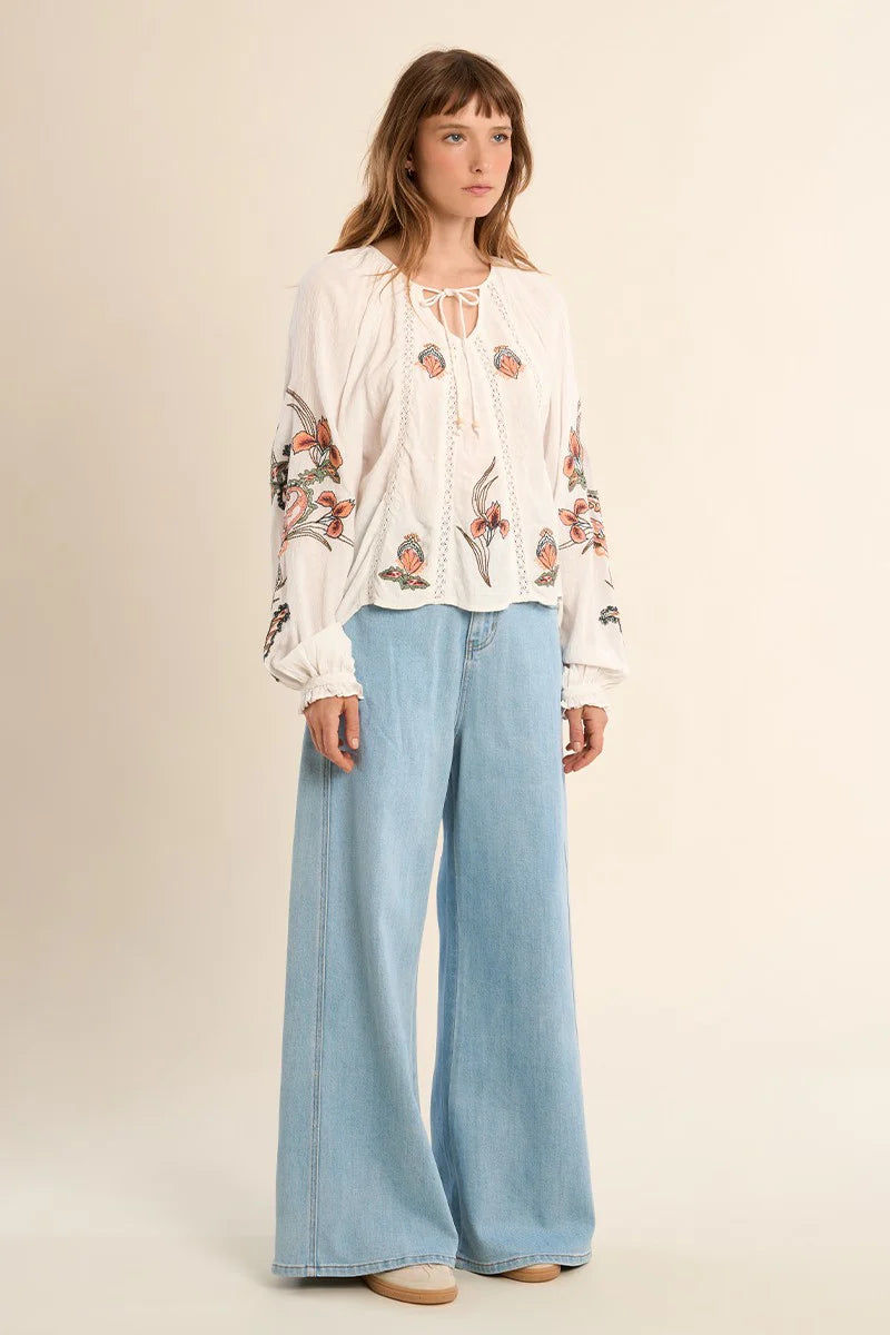 Floral Embroidery Tie Collar Blouse