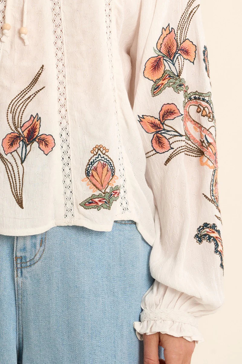 Floral Embroidery Tie Collar Blouse