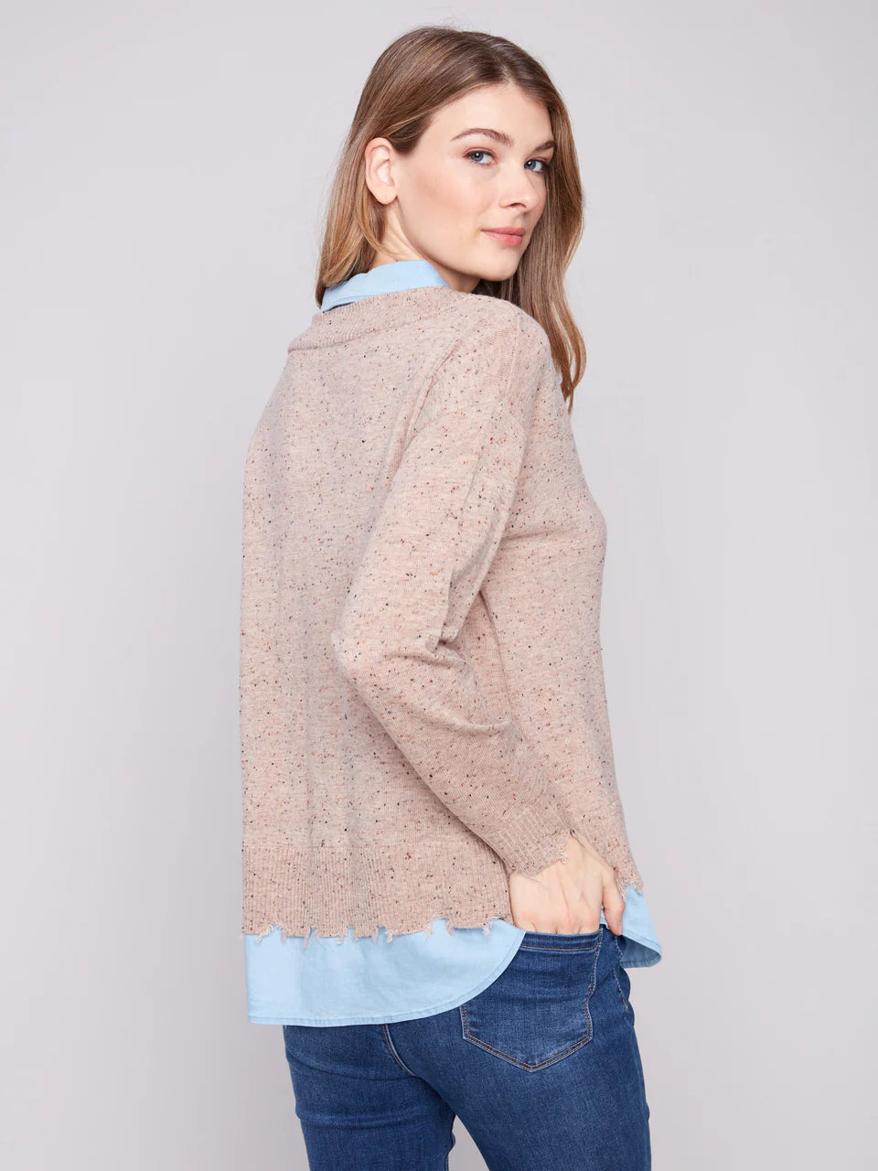 V-Neck Fooler Nep Yarn Sweater w/Tencel Combo