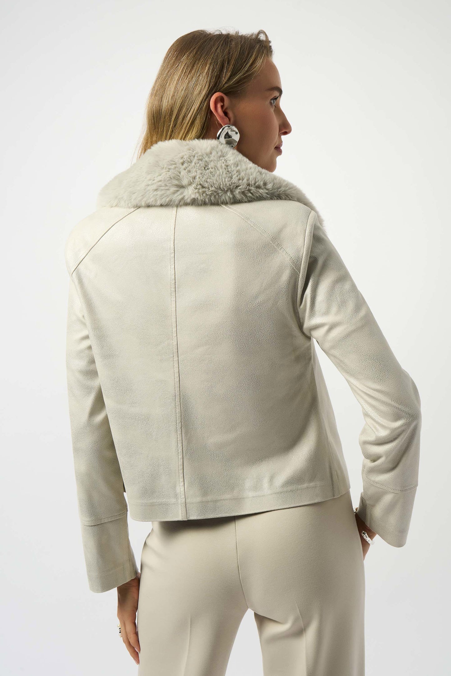 Foiled Suede Swing Jacket with Faux Fur Collar