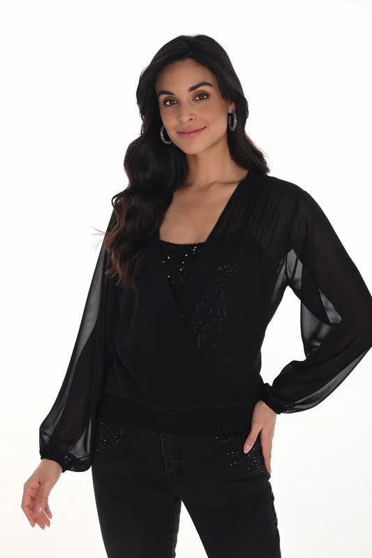 Long Sleeve Sheer Top with Inner Sequin Tank