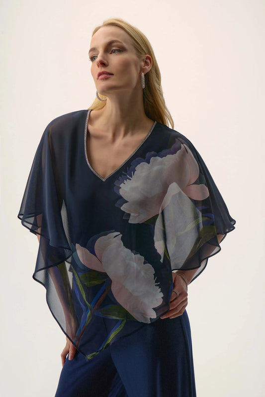 Chiffon & Silky Knit Floral Print Poncho Top