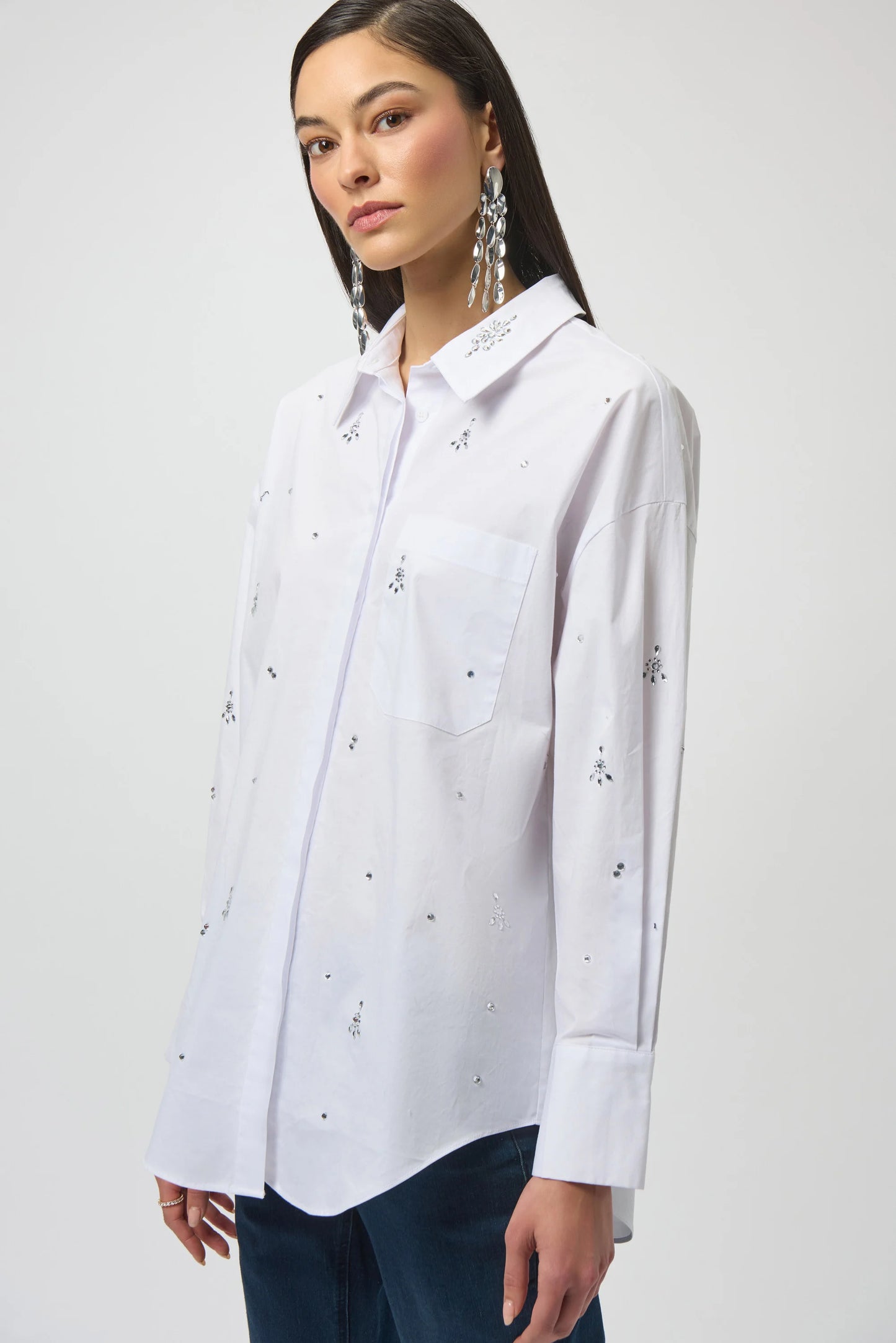 Stretch Poplin Boxy Blouse with Rhinestones