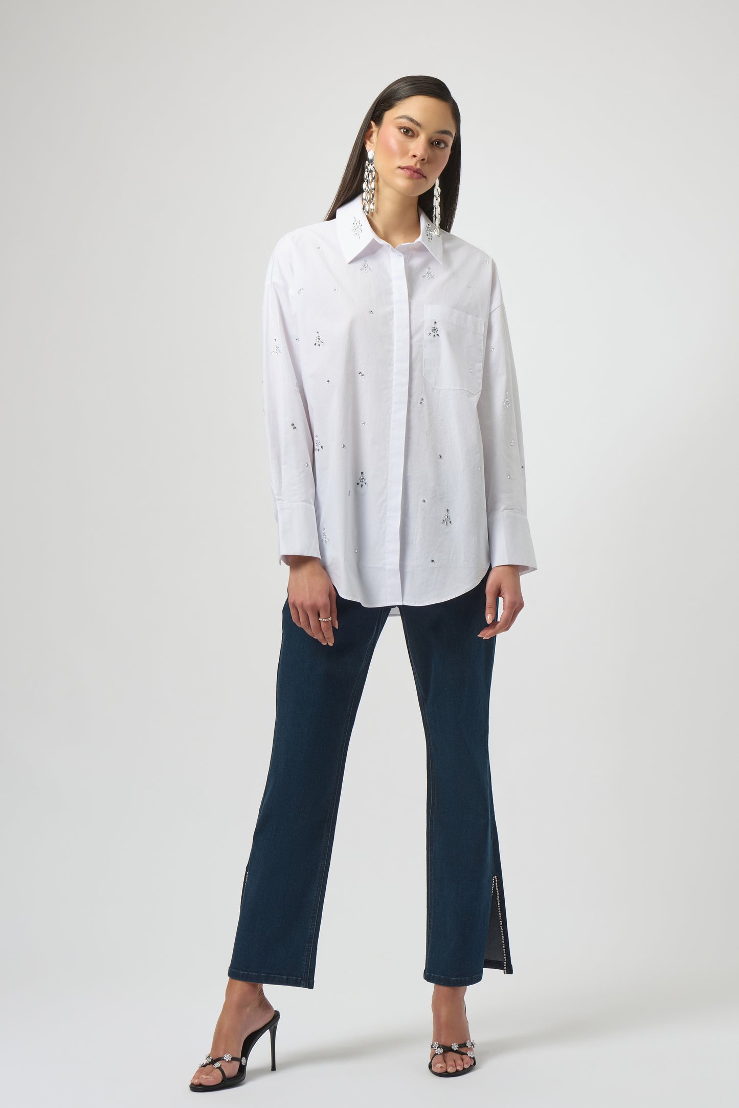 Stretch Poplin Boxy Blouse with Rhinestones