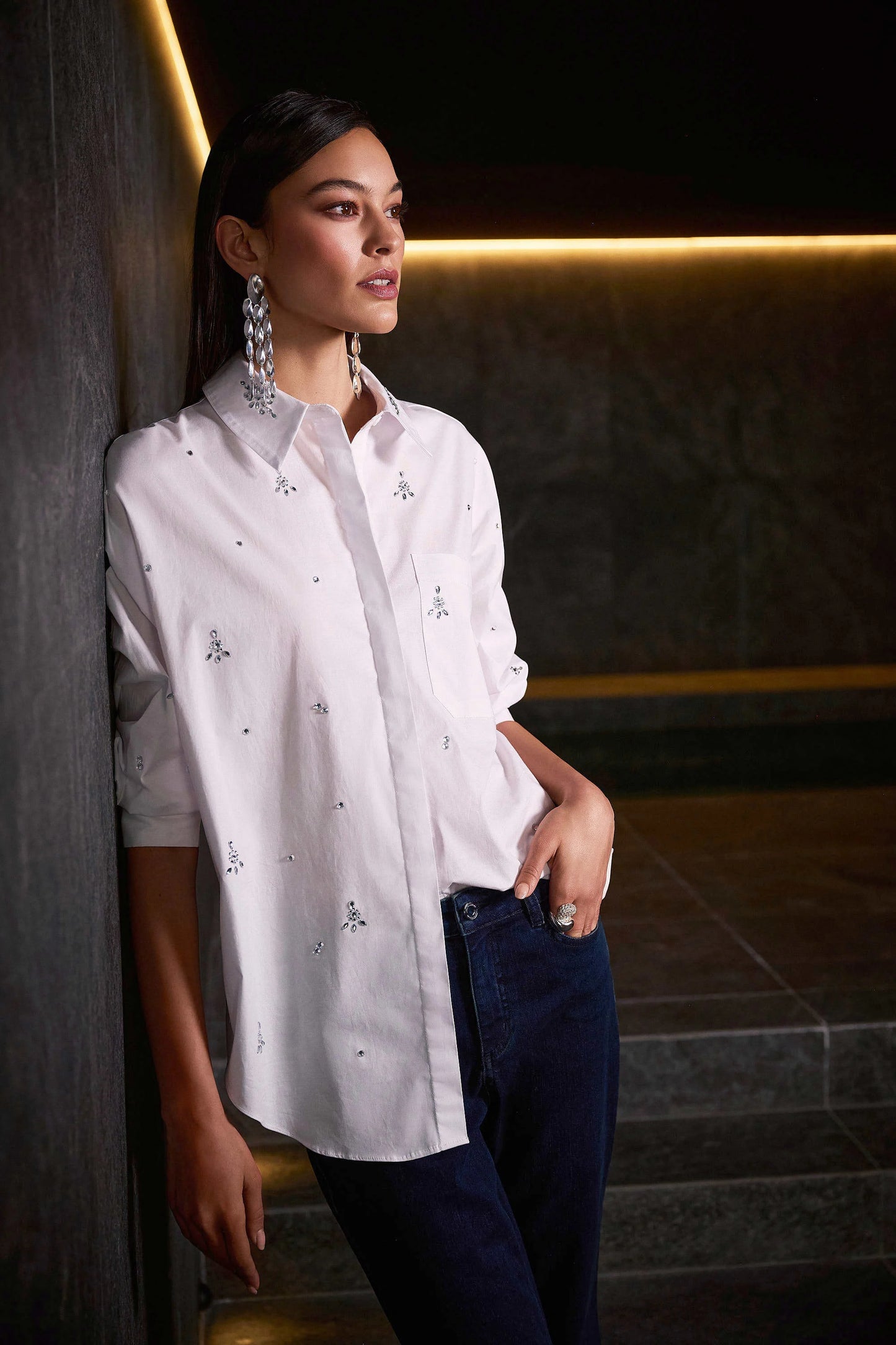 Stretch Poplin Boxy Blouse with Rhinestones