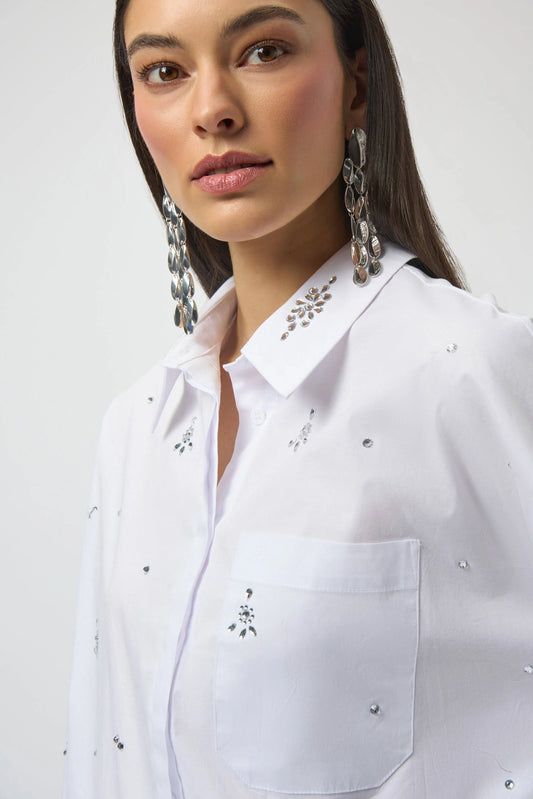 Stretch Poplin Boxy Blouse with Rhinestones