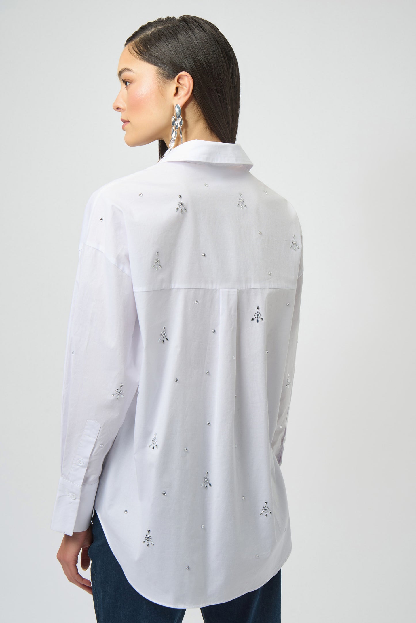 Stretch Poplin Boxy Blouse with Rhinestones