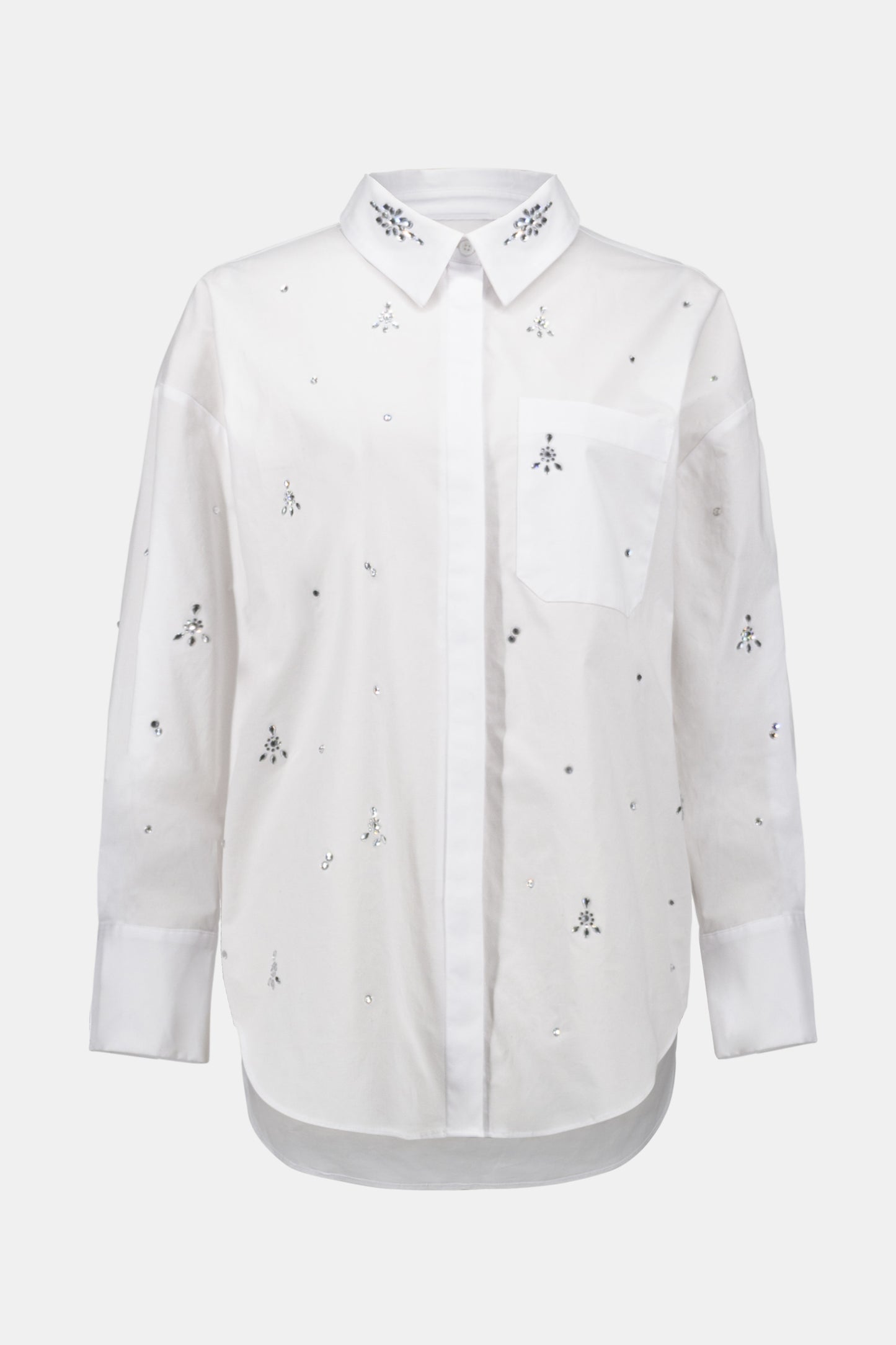 Stretch Poplin Boxy Blouse with Rhinestones