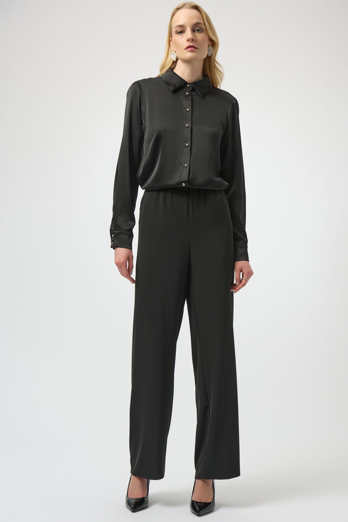 Satin Blouse with Back Cowl Neck and Rhinestone Detail