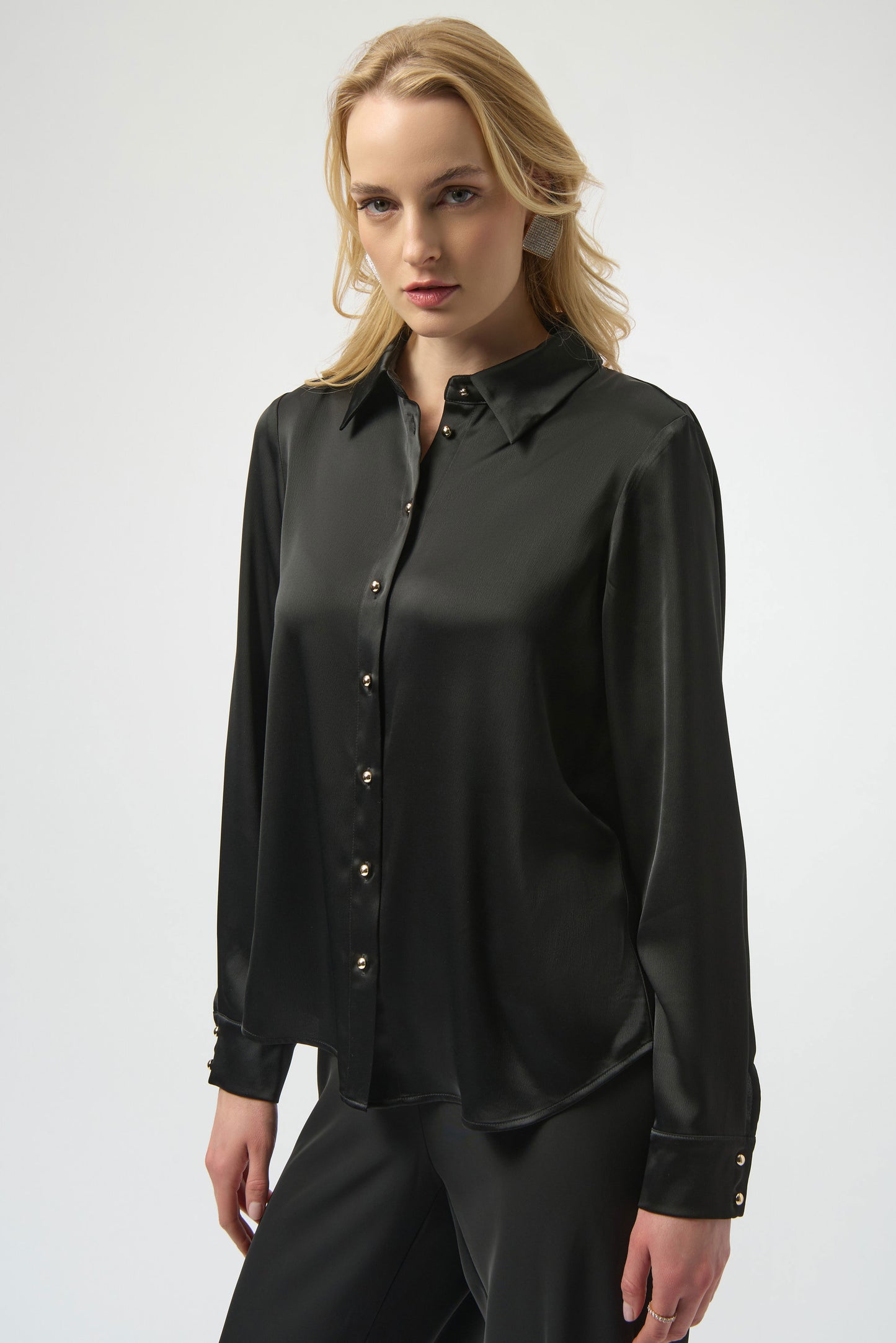 Satin Blouse with Back Cowl Neck and Rhinestone Detail