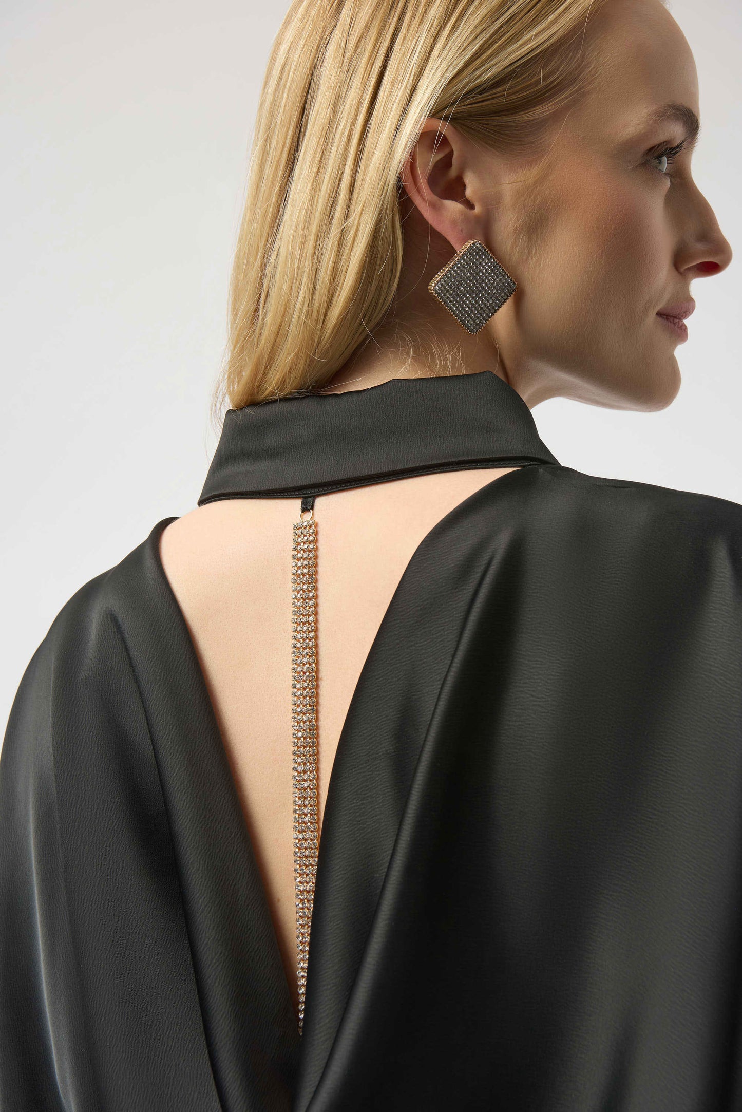 Satin Blouse with Back Cowl Neck and Rhinestone Detail