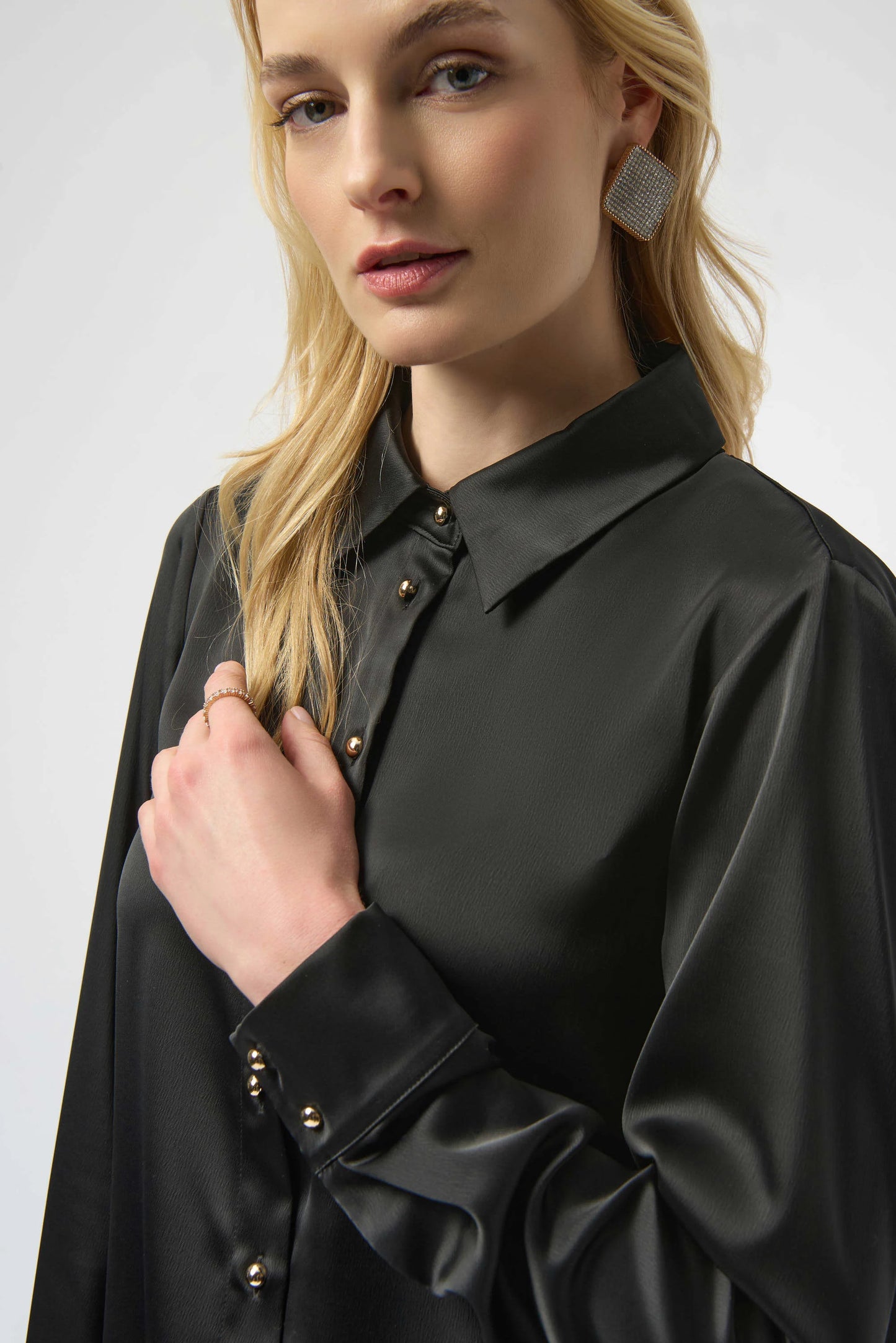 Satin Blouse with Back Cowl Neck and Rhinestone Detail