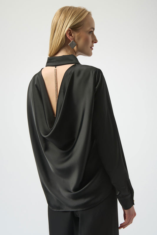 Satin Blouse with Back Cowl Neck and Rhinestone Detail