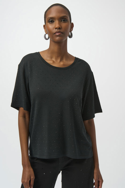 Knit Scoop Neck T-Shirt with Rhinestones