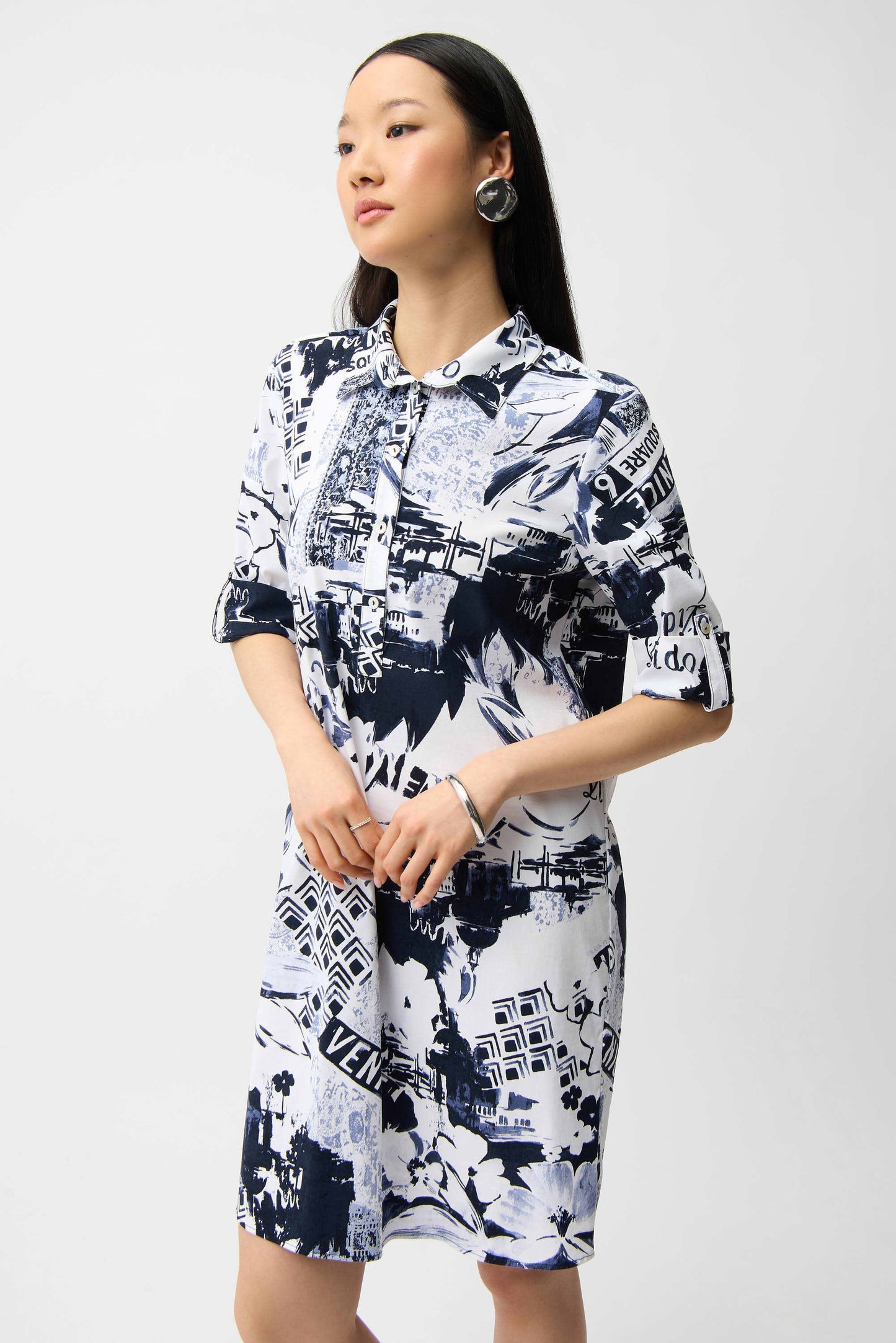 Stretch Poplin Print Shirt Dress