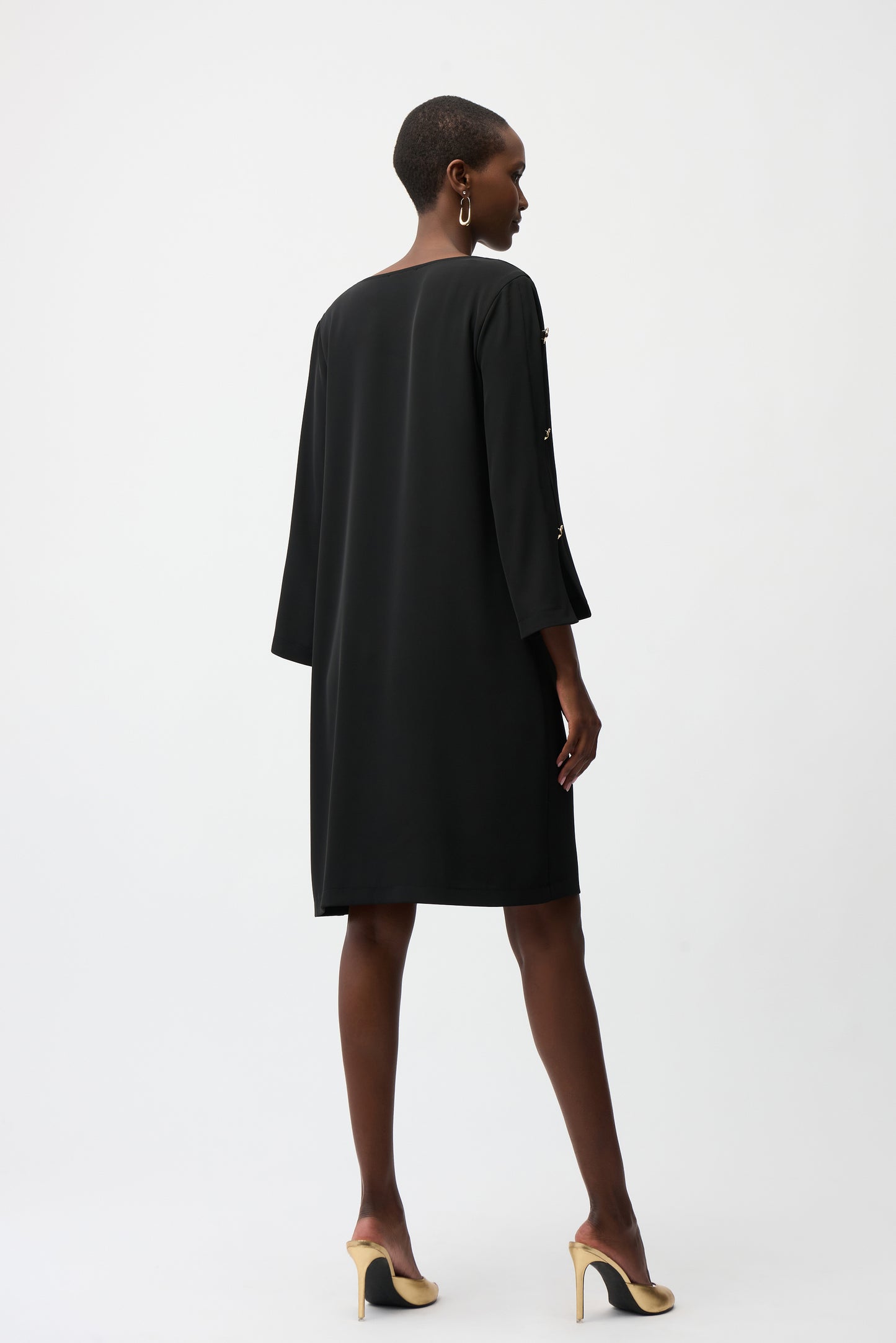Woven Twill Trapeze Dress With Gold Trimmed Slit Sleeves