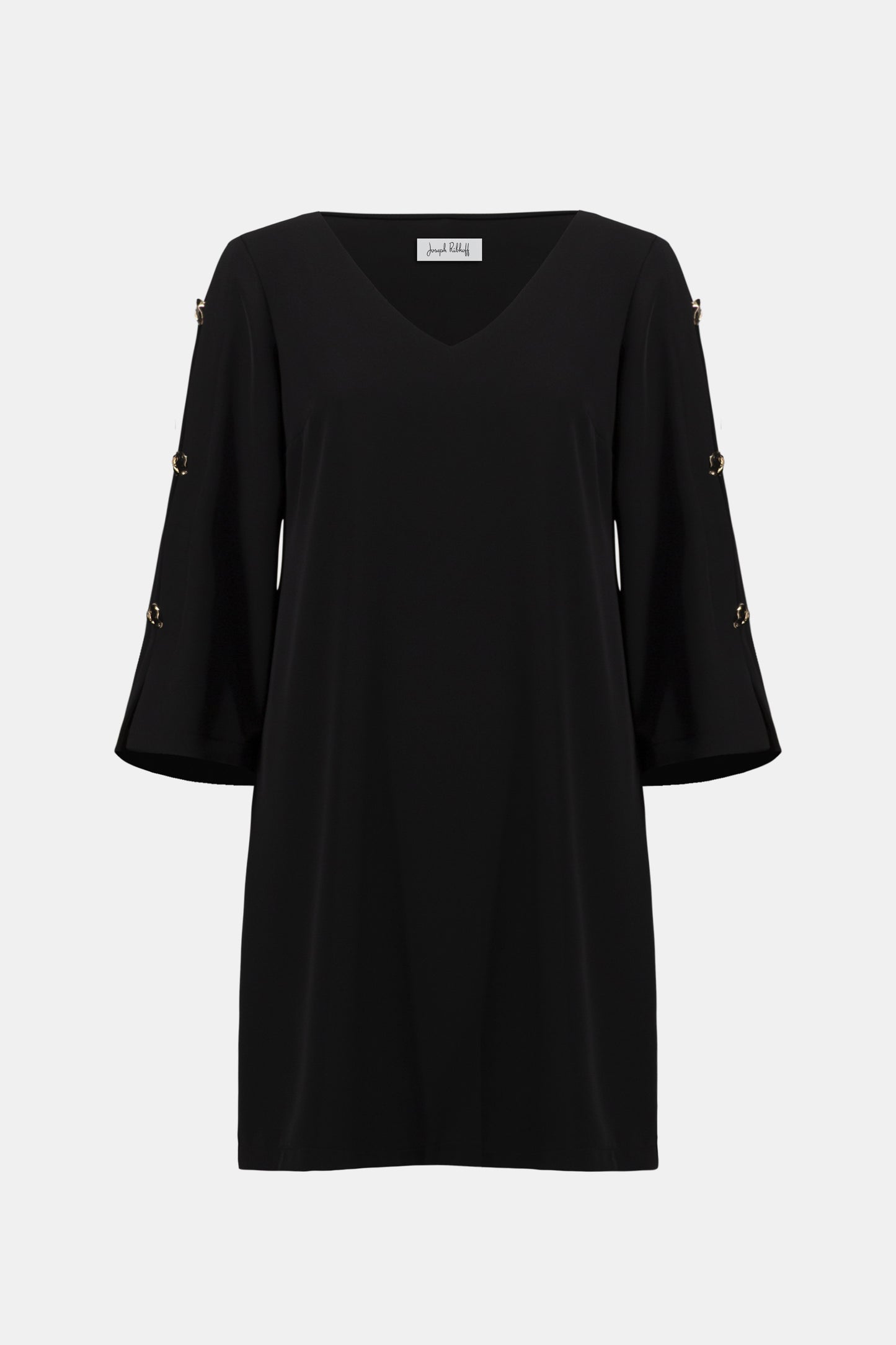 Woven Twill Trapeze Dress With Gold Trimmed Slit Sleeves