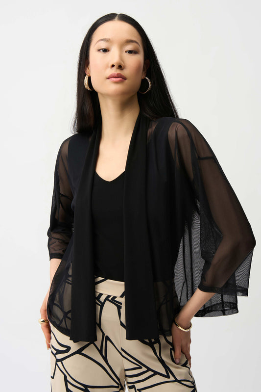 Mesh and Silky Knit Draped Open Front Cover-Up