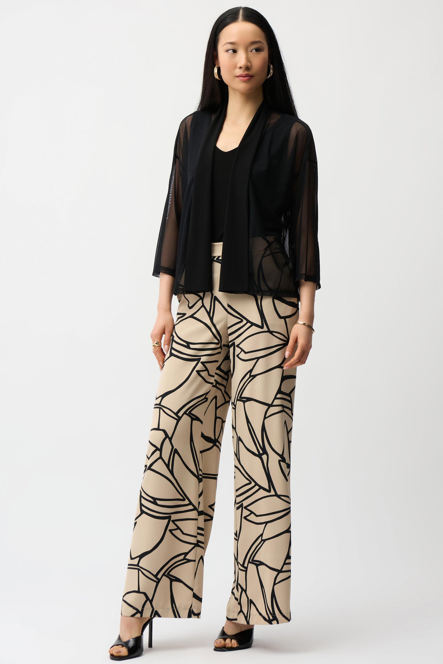 Mesh and Silky Knit Draped Open Front Cover-Up
