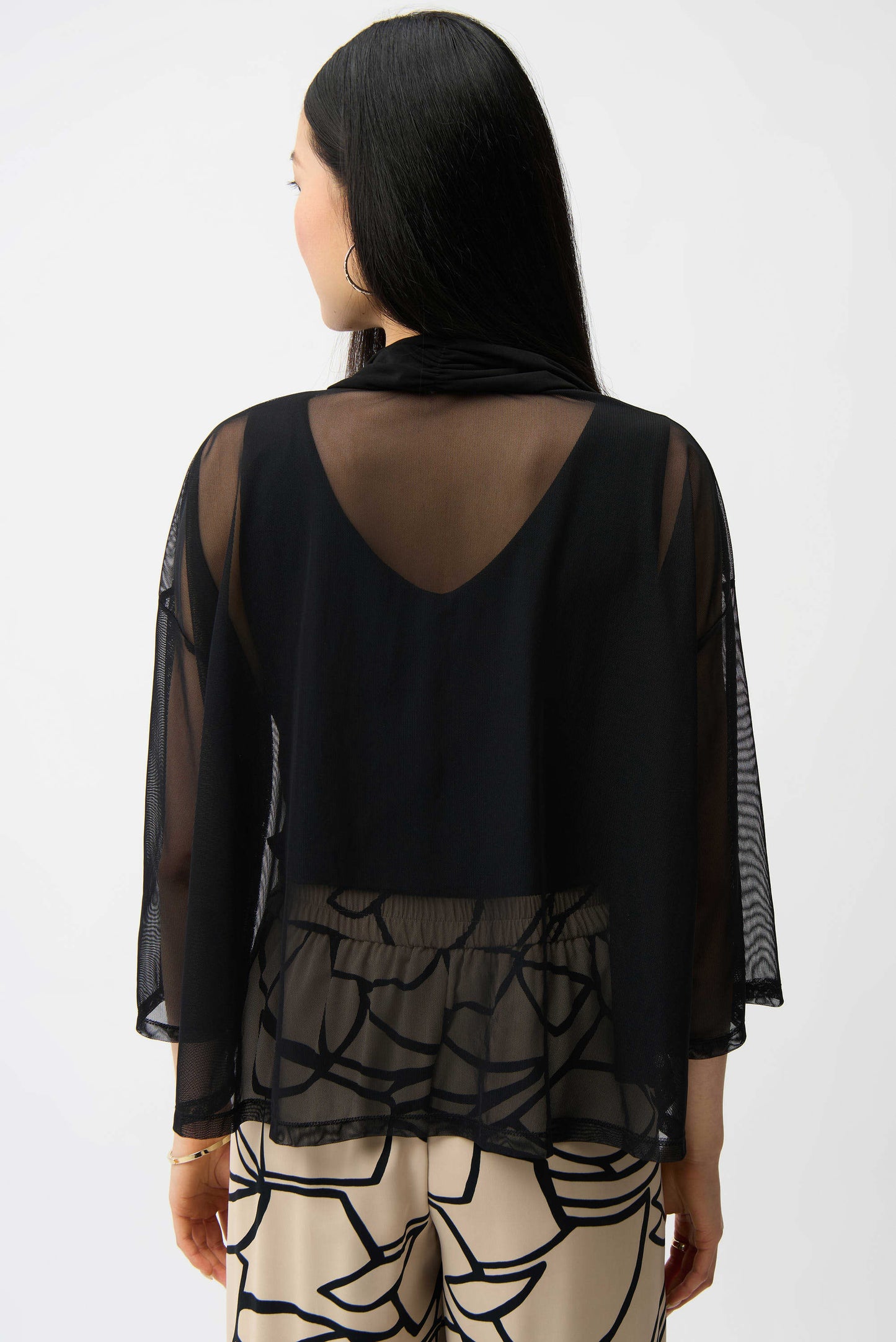 Mesh and Silky Knit Draped Open Front Cover-Up