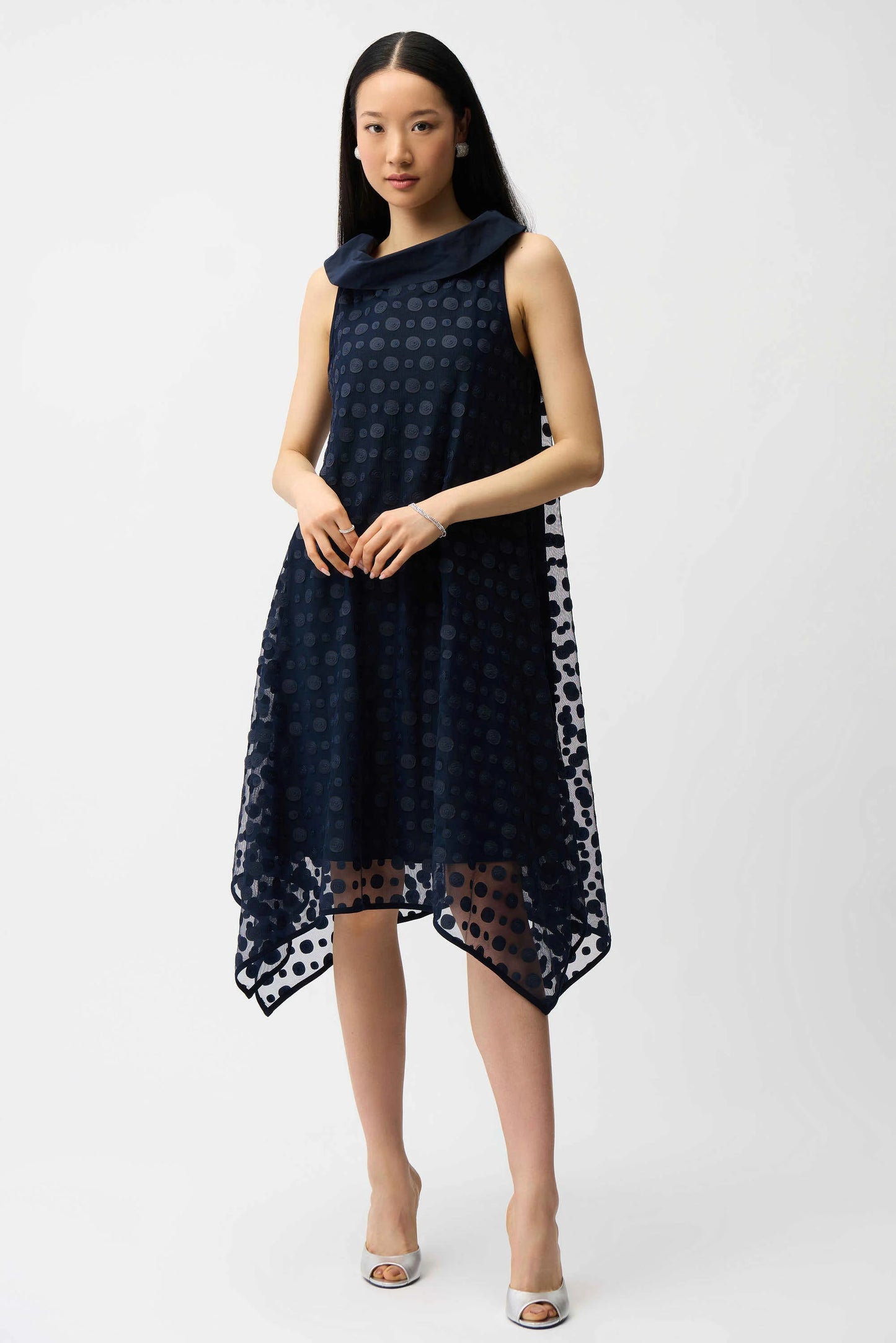 Dot Embroidered Mesh Handkerchief Dress With Cowl Collar