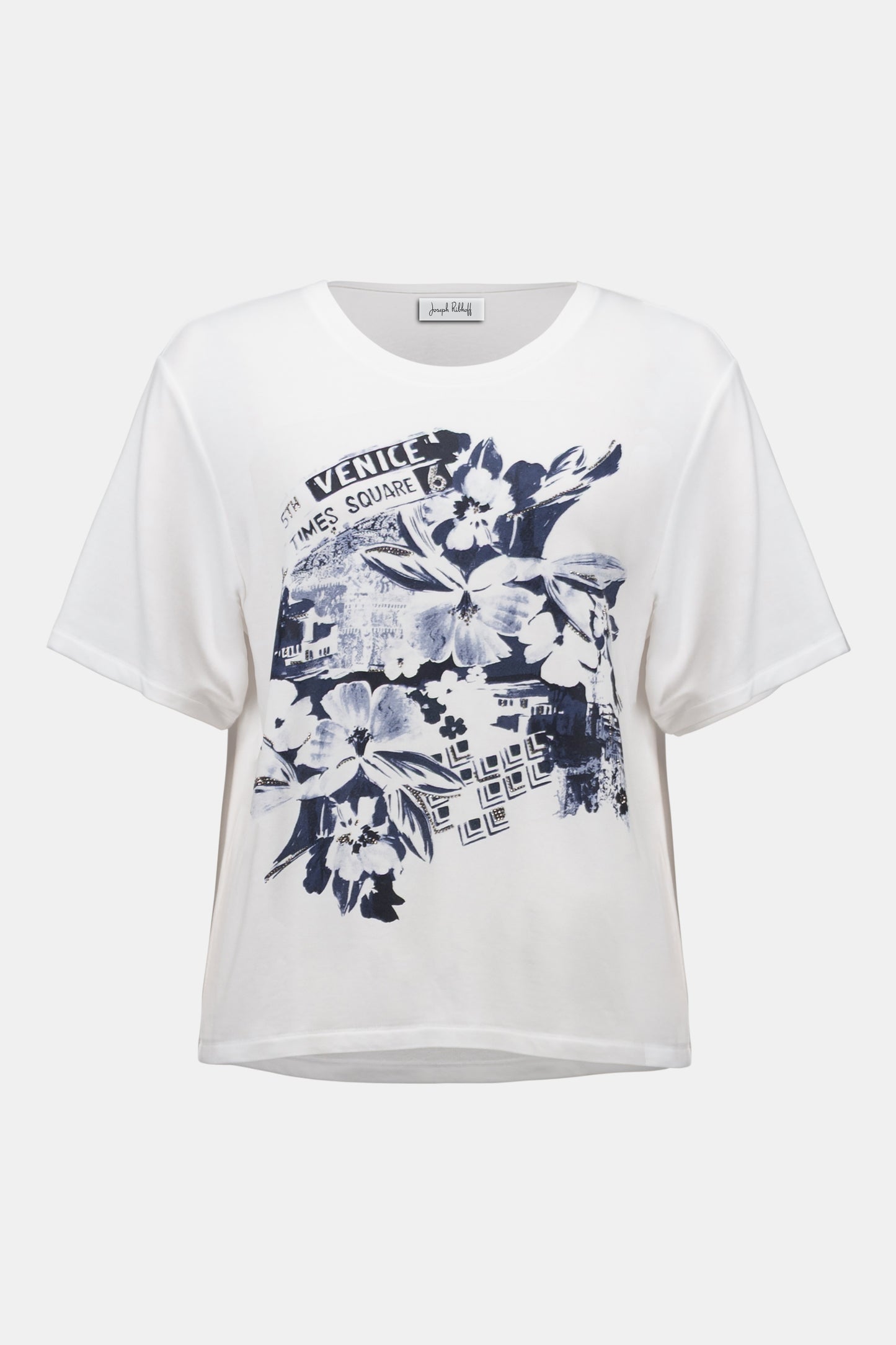 Front Print Straight T-Shirt With Rhinestones