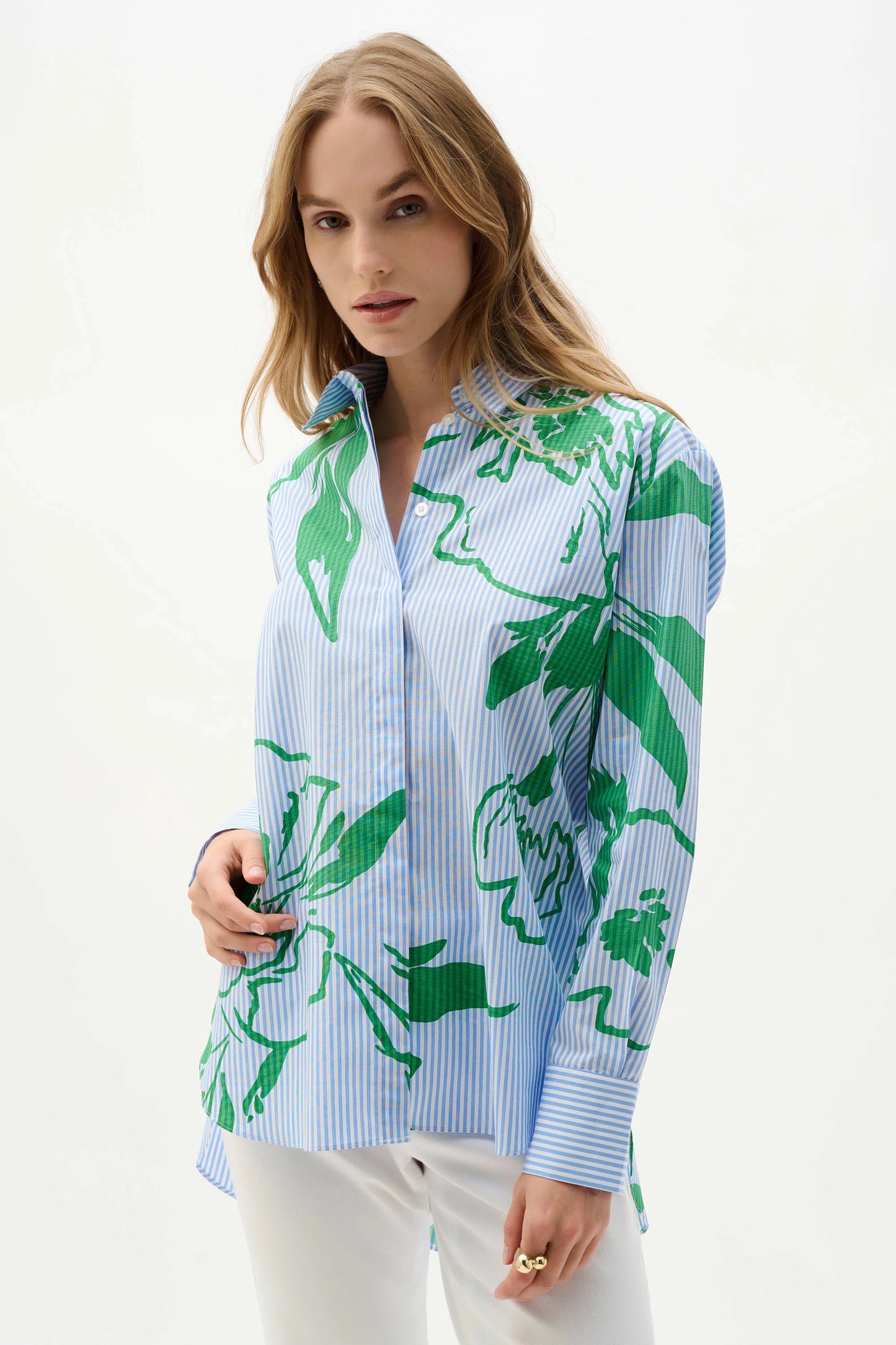 Cotton Stripe Floral Print Boxy Blouse