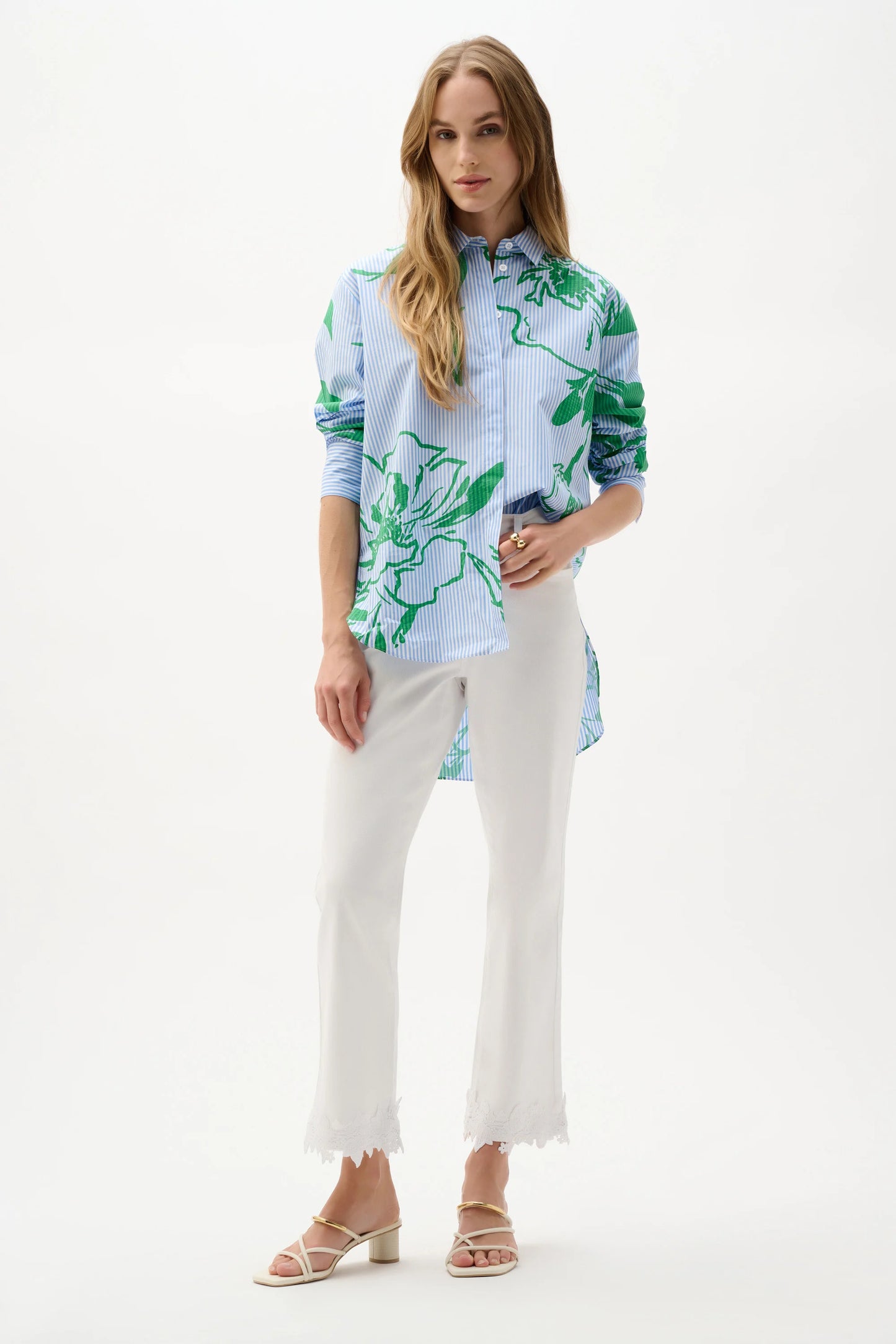 Cotton Stripe Floral Print Boxy Blouse