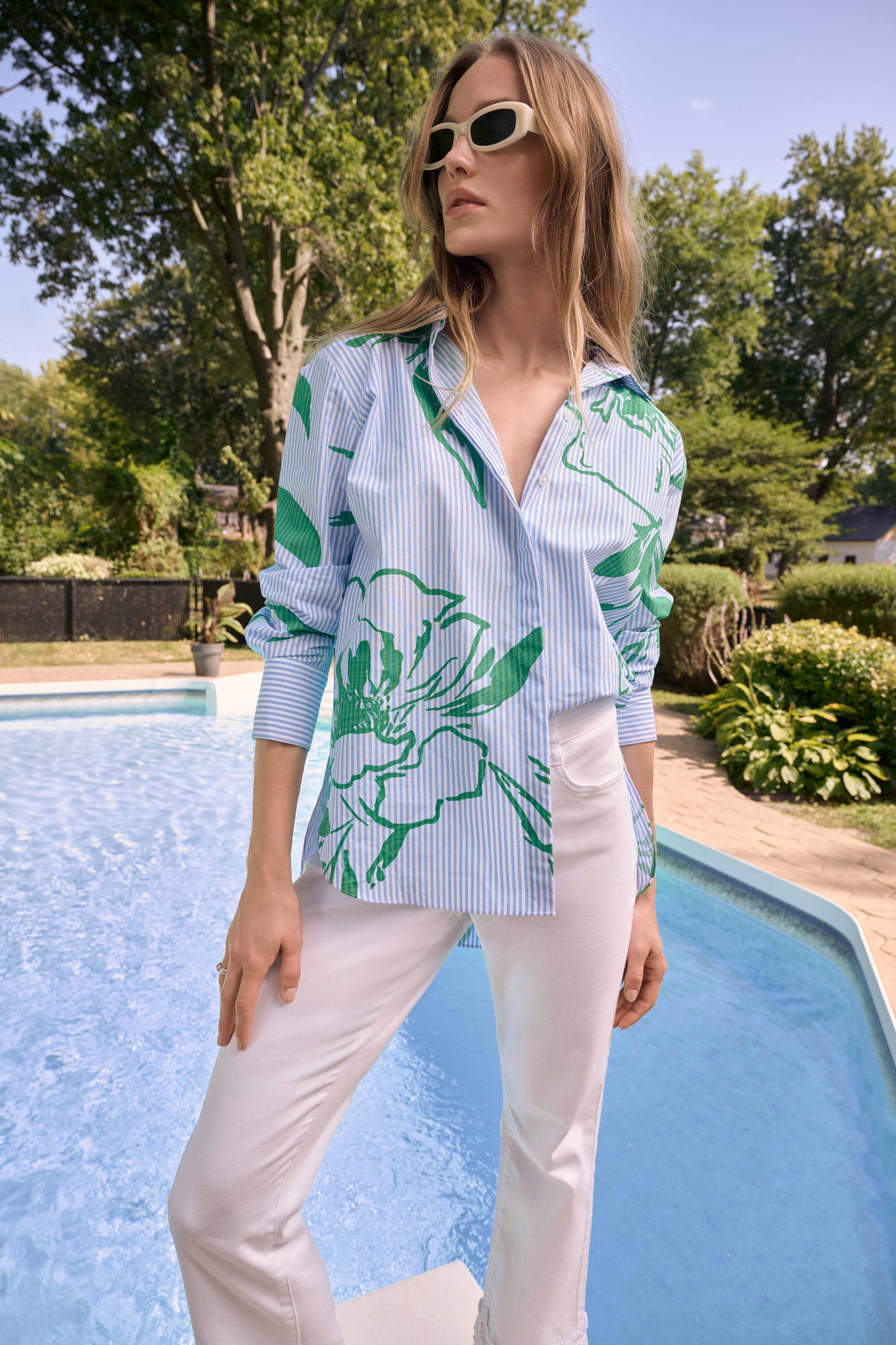 Cotton Stripe Floral Print Boxy Blouse