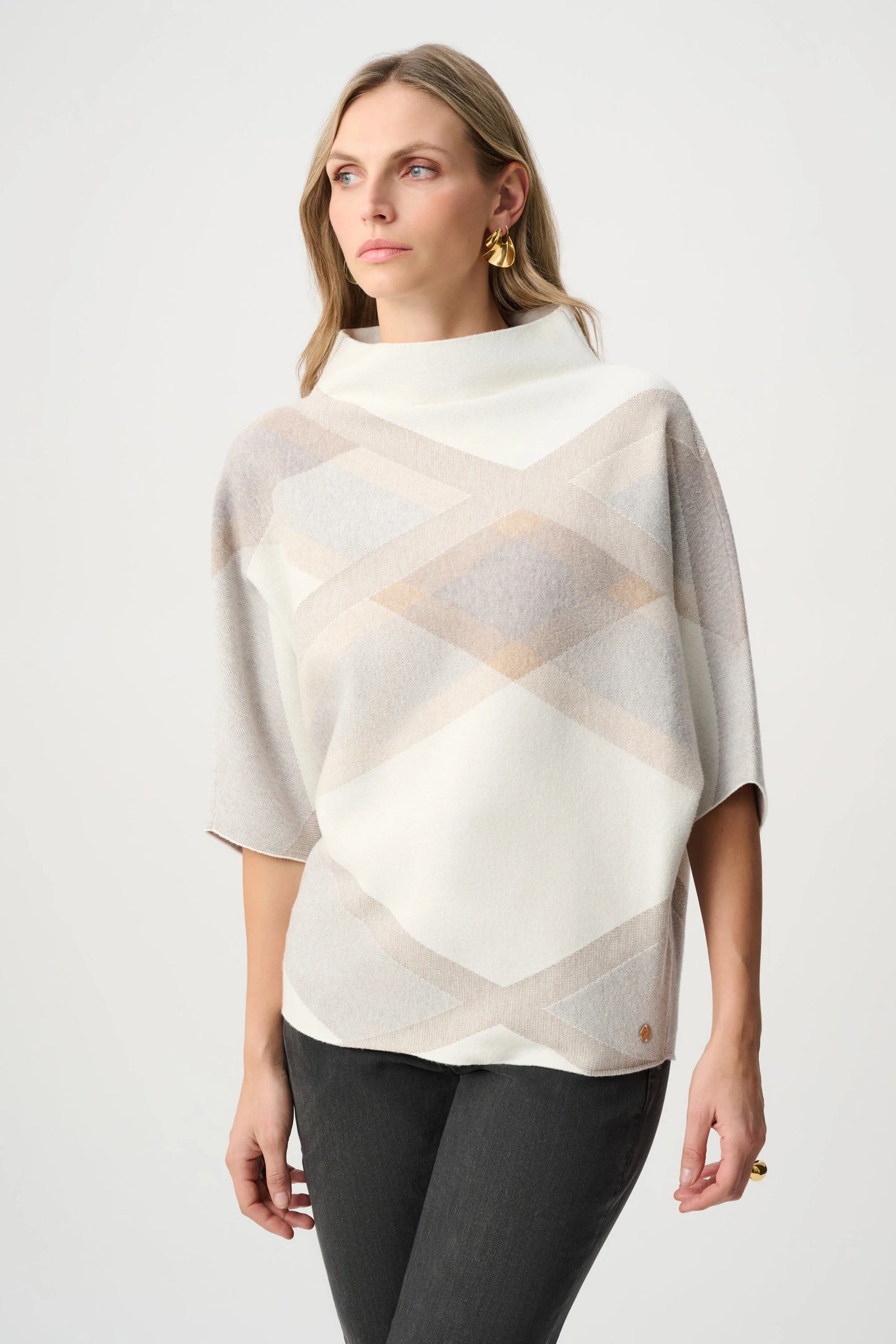 Brushed Plaid Funnel-Neck Sweater